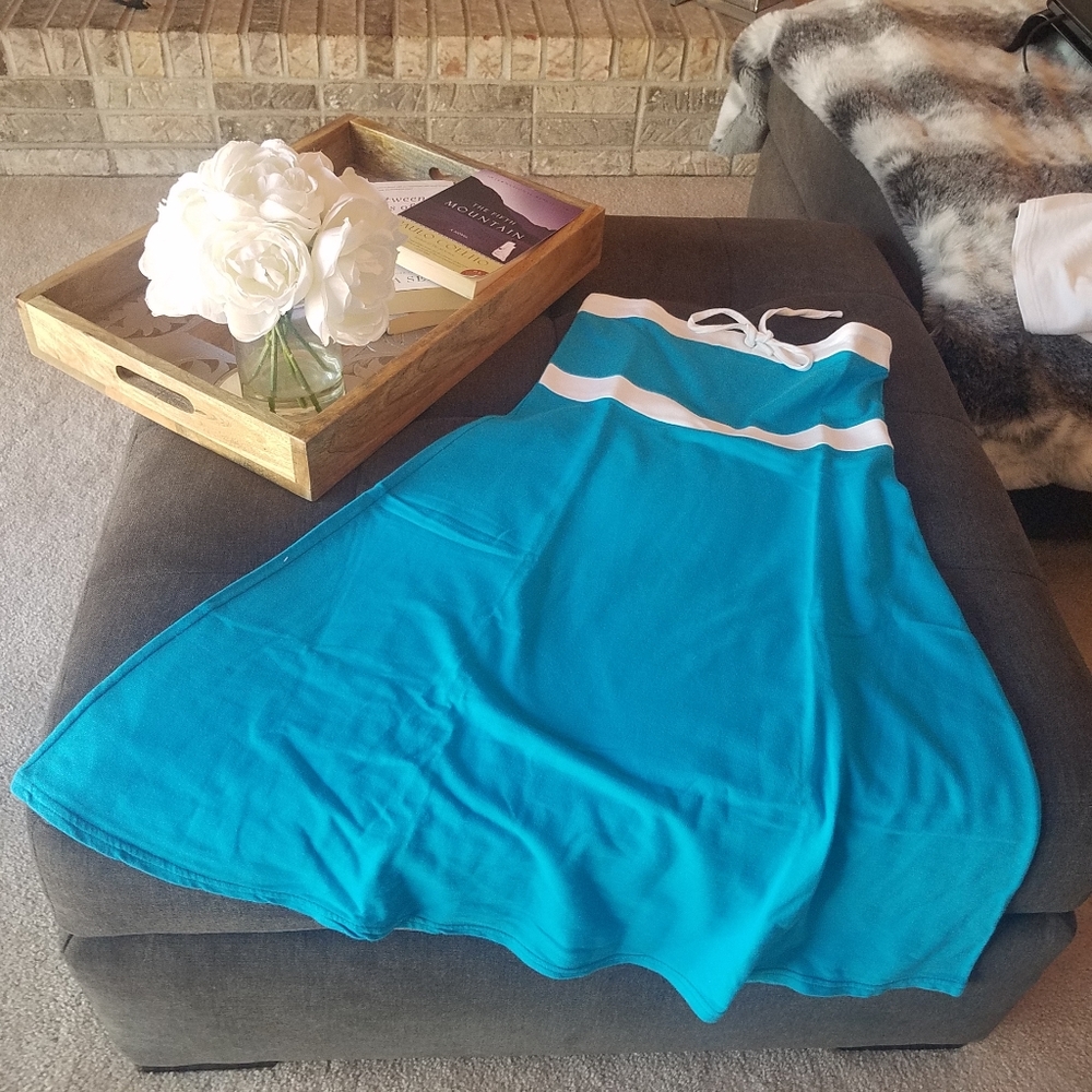 Strapless Turquoise Blue Casual Midi A-line Dress from London